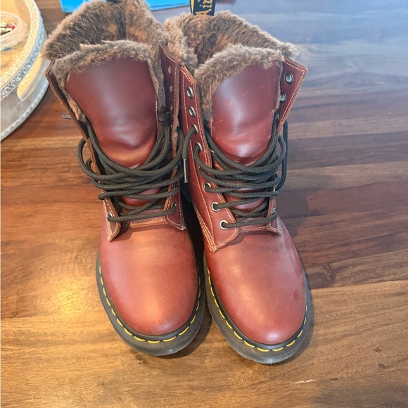 Dr. Martens Burgundy Leather Boots with Brown Fur Lining - Picture 8 of 8